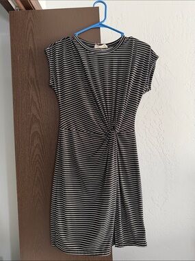 Black & White Striped Twist-Waist Midi Dress